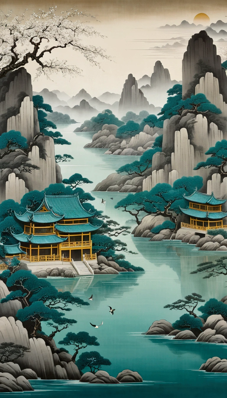 Beautiful Chinese murals, Teal and light gray style, The landscape is layered., Japanese-style art, Great murals, Ricoh FF-9D, Golden Age Aesthetics, exotic landscape