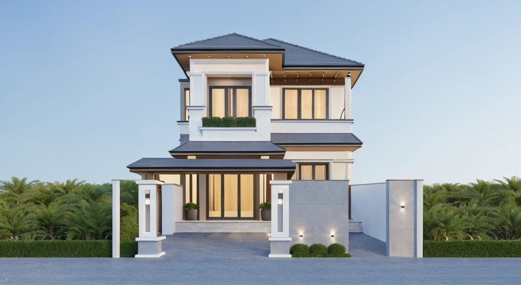 PLATFORM KTHOUSE, 1 morden villa,1large yard, 1 road runs in front of the house, (RAW photo, real, best quality, masterpiece:1.2), look morden minimalist, 1 road in front of the house, surrounded by tropical flowers and plants, dynamic lighting:1.3, (hyper realistic, photo-realistic:1.2), high quality, (dark lighting:1.2), perfect lighting, archdaily, no human, light at 12 noon, light in door:1.2