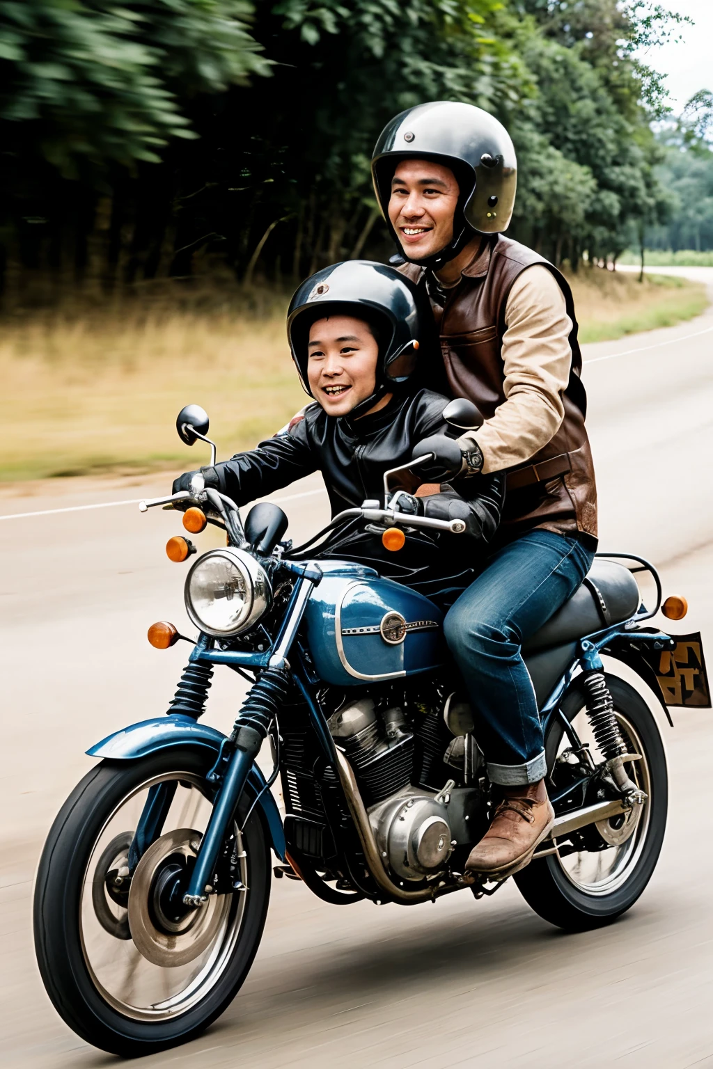 2 Monkeys sitting on one motorbike wearing big round cooker metal helmet, their faces are still uncovered