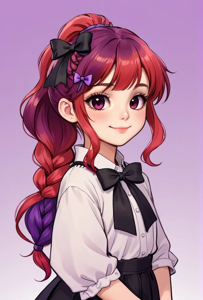 1girl,artist name,bangs,black bow,black ribbon,bow,braid,chibi,closed mouth,eyebrows visible through hair,gradient,gradient background,hair ornament,hairclip,long hair,looking at viewer,ponytail,purple hair,red hair,ribbon,smile