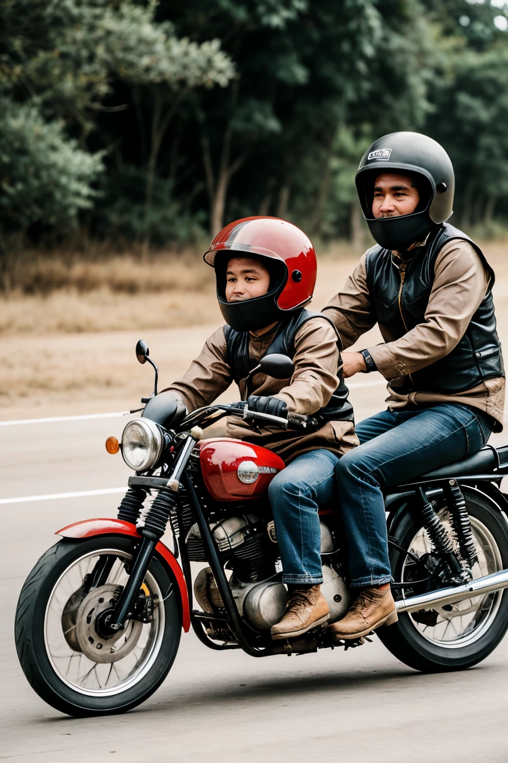 2 Monkeys sitting on one motorbike wearing big round cooker metal helmet, their faces are still uncovered