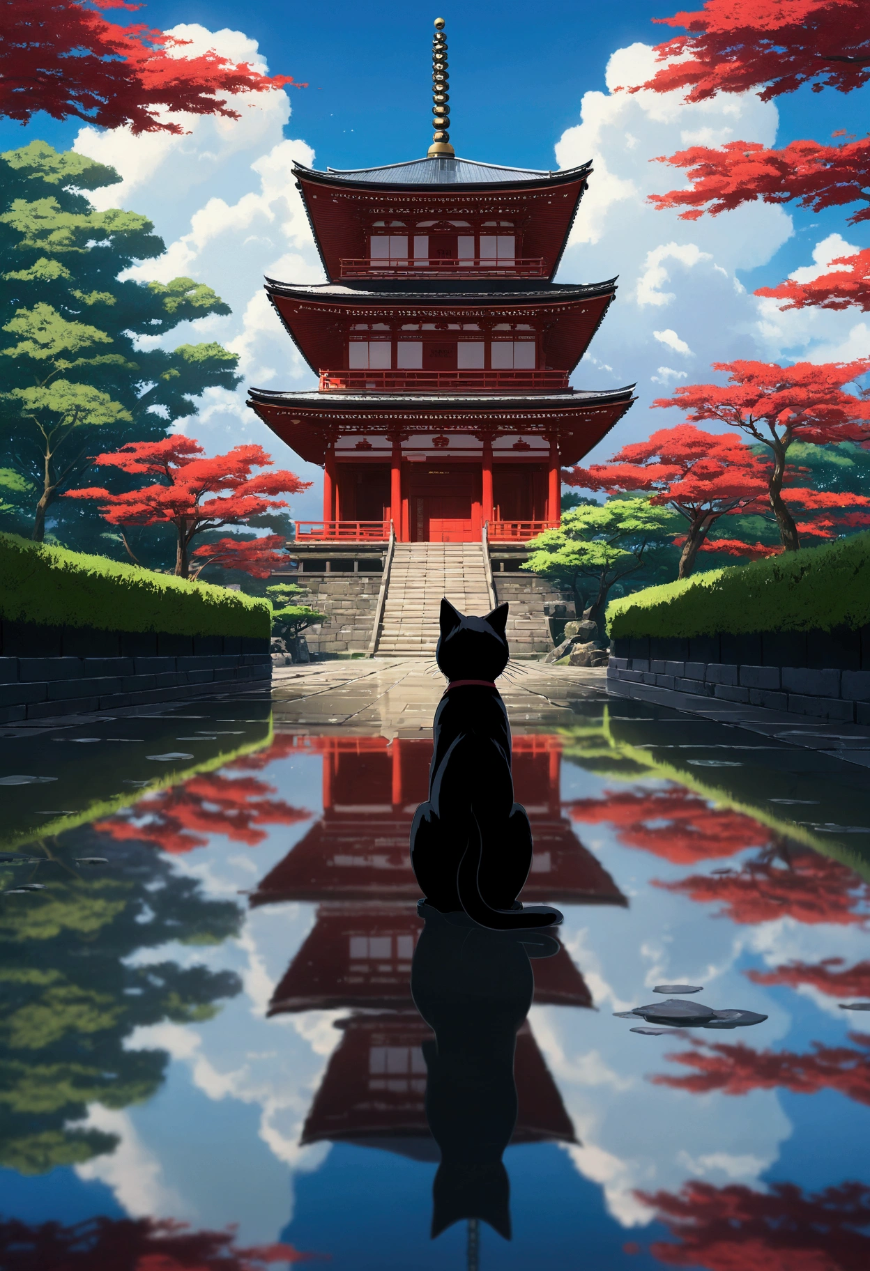Makoto Shinkai taste, cloudy sky, reflection of light, black cat, after rain, love scene, healing scene, rainy day, hope, dark fantasy, light from the sky, single, red shrine, five-story pagoda in the back, fantastic world, red temple, (cat ghost), myth, messenger of god, city of Kyoto in the back, cat back, overlooking the city from a hill
