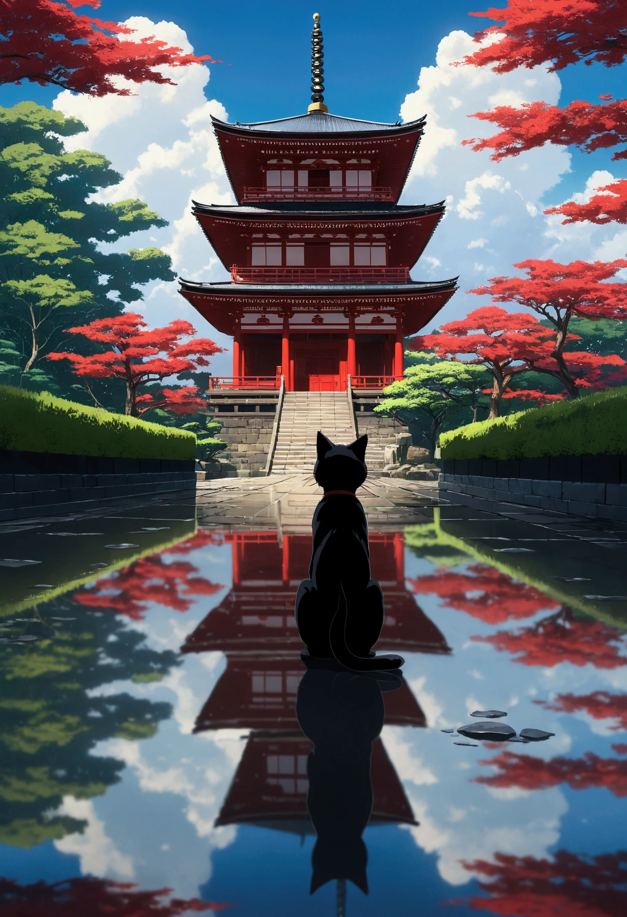 Makoto Shinkai taste, cloudy sky, reflection of light, black cat, after rain, love scene, healing scene, rainy day, hope, dark fantasy, light from the sky, single, red shrine, five-story pagoda in the back, fantastic world, red temple, (cat ghost), myth, messenger of god, city of Kyoto in the back, cat back, overlooking the city from a hill