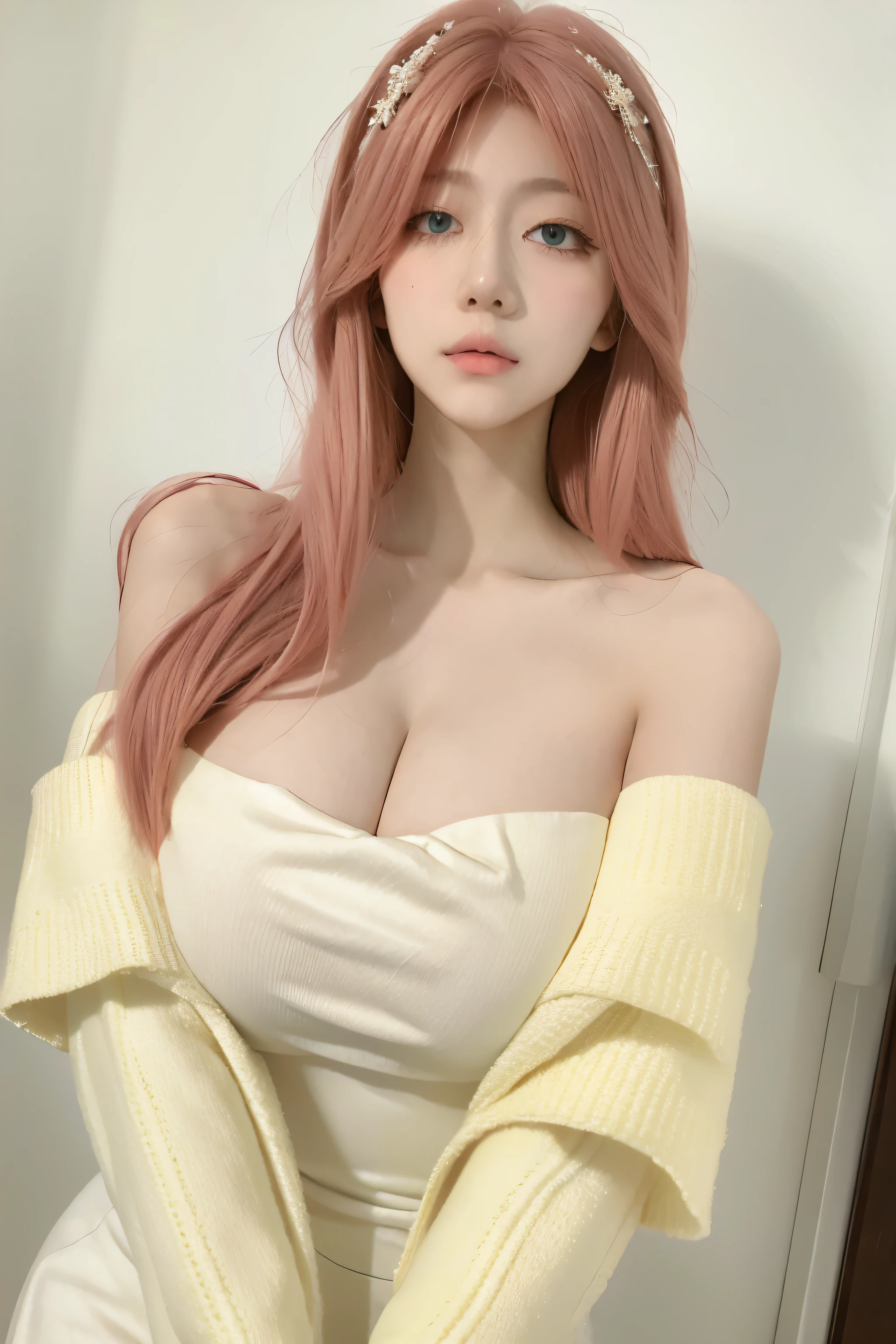 Beautiful woman with perfect body：1.4，Prominent cleavage，Layered Hairstyle，Highly detailed face and skin textures，Double eyelids，Skin Whitening，Long hair，Whitened long legs，Half chest wedding dress，Pink Hair