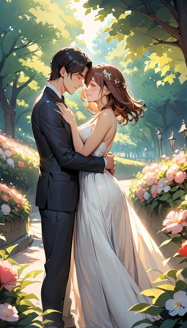 In a daytime park, a man and a woman are standing face to face with their foreheads touching, surrounded by a happy atmosphere. The man has short black hair and is wearing a black suit, appearing handsome. The woman has long brown hair and is wearing a white dress perfect for a date. The park is filled with green trees and blooming flowers, with gentle sunlight shining down. Both have realistic skin textures, and the image should be a masterpiece of high quality.