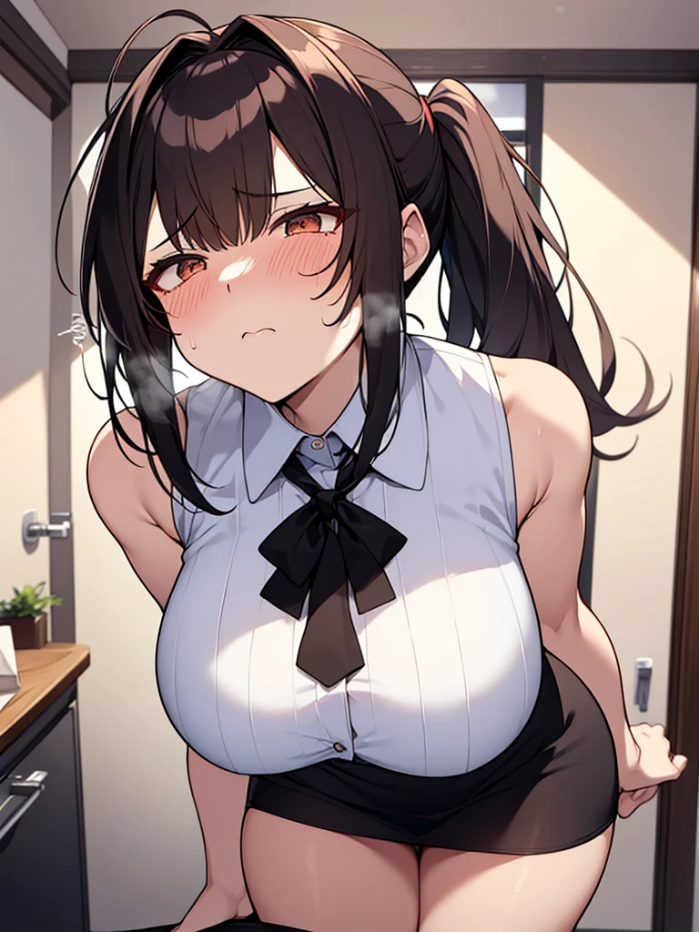 NSFW:1.9. Mature women　Blowjob:2.4　Open your mouth wide and take the penis in your mouth:2.4　Anime drawing with vivid colors Tall woman:1.9. White collared sleeveless shirt　Black Skirt　White underwear boobs　Big breasts, sweat, troubled face, glaring, wrinkled brow, tears, flushed cheeks, night:1.3 Apartment bedroom, white sheets, short black hair, ponytail:1.9 Straight hair, bangs swept to the side:1.9 Red hair tie, narrow eyes, brown eyes, tall, strong-willed, beautiful