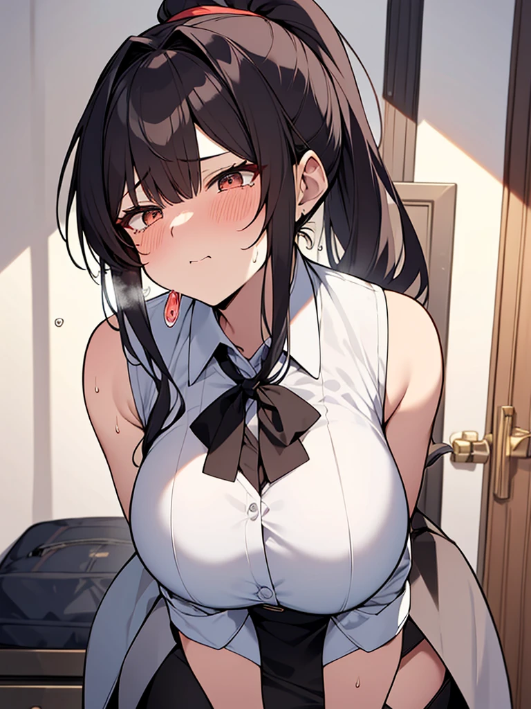 NSFW:1.9. Mature women Blowjob:2.4 Open your mouth wide and take the penis in your mouth:2.4 Anime drawing with vivid colors Tall woman:1.9. White collared sleeveless shirt Black Skirt White underwear boobs Big breasts, sweat, troubled face, glaring, wrinkled brow, tears, flushed cheeks, night:1.3 Apartment bedroom, white sheets, short black hair, ponytail:1.9 Straight hair, bangs swept to the side:1.9 Red hair tie, narrow eyes, brown eyes, tall, strong-willed, beautiful