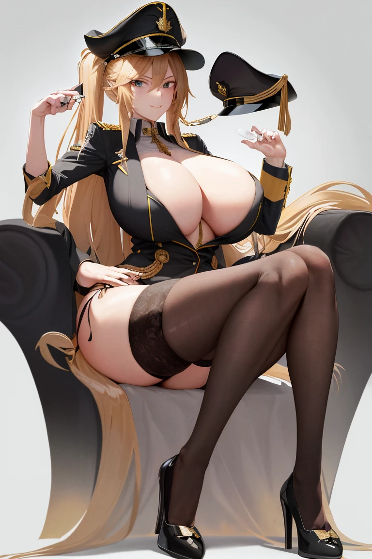 A woman,Long blond hair,Black eyes,Put on a military cap,Wearing a black bikini,Long legs,Nipple protrusion,Twenties,exposed,Black high heels,Huge breasts,超级Huge breasts