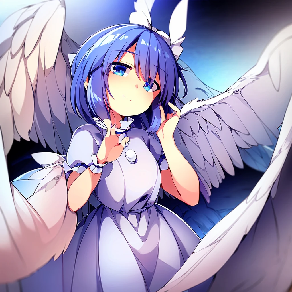 (best quality,4k,8k,highres,masterpiece:1.2), top-quality(​masterpiece), top-quality, ultra-detailed, highly detailed texture, intricate details, high quality textures, A cute age angel with blue eyes, big pink ribbon in her hair, drawn in anime style, 1girl, (((1girl in))), , 10 y(lori))), medium blue hair, hair flaps, pink ribbon on head, well-formed face, Beautiful face, blue eyes, pretty eyes, angel girl, white blouse, puffy short sleeves, red ribbon, angel wings, long white skirt, red shoes, frills, ribbon head, A pair of angel wings on the back, clean line drawings, cute