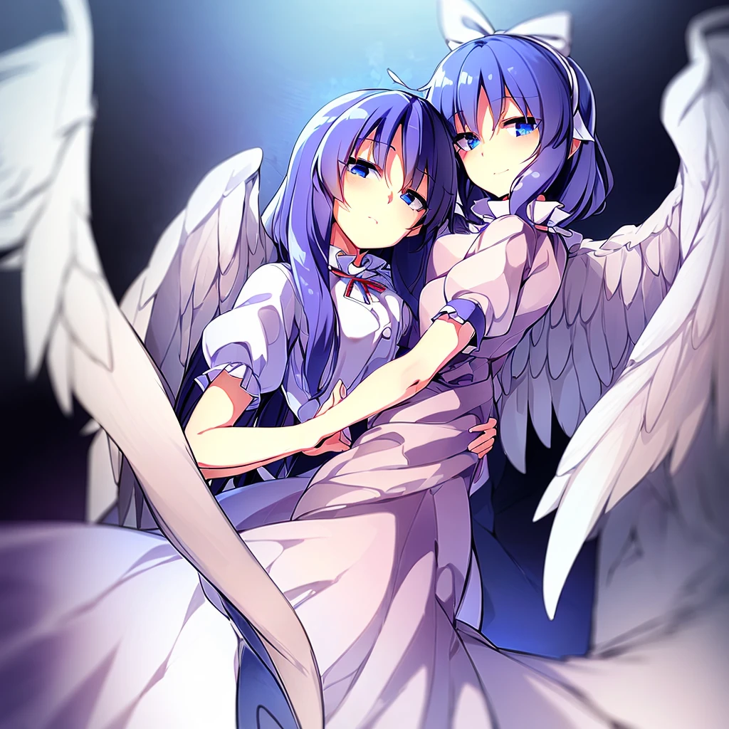 (best quality,4k,8k,highres,masterpiece:1.2), top-quality(​masterpiece), top-quality, ultra-detailed, highly detailed texture, intricate details, high quality textures, A cute teenage angel with blue eyes, big pink ribbon in her hair, drawn in anime style, 1girl, (((1girl in))), , 10 years old, (((lori))), medium blue hair, hair flaps, pink ribbon on head, well-formed face, Beautiful face, blue eyes, pretty eyes, angel girl, white blouse, puffy short sleeves, red ribbon, angel wings, long white skirt, red shoes, frills, ribbon head, A pair of angel wings on the back, clean line drawings, cute