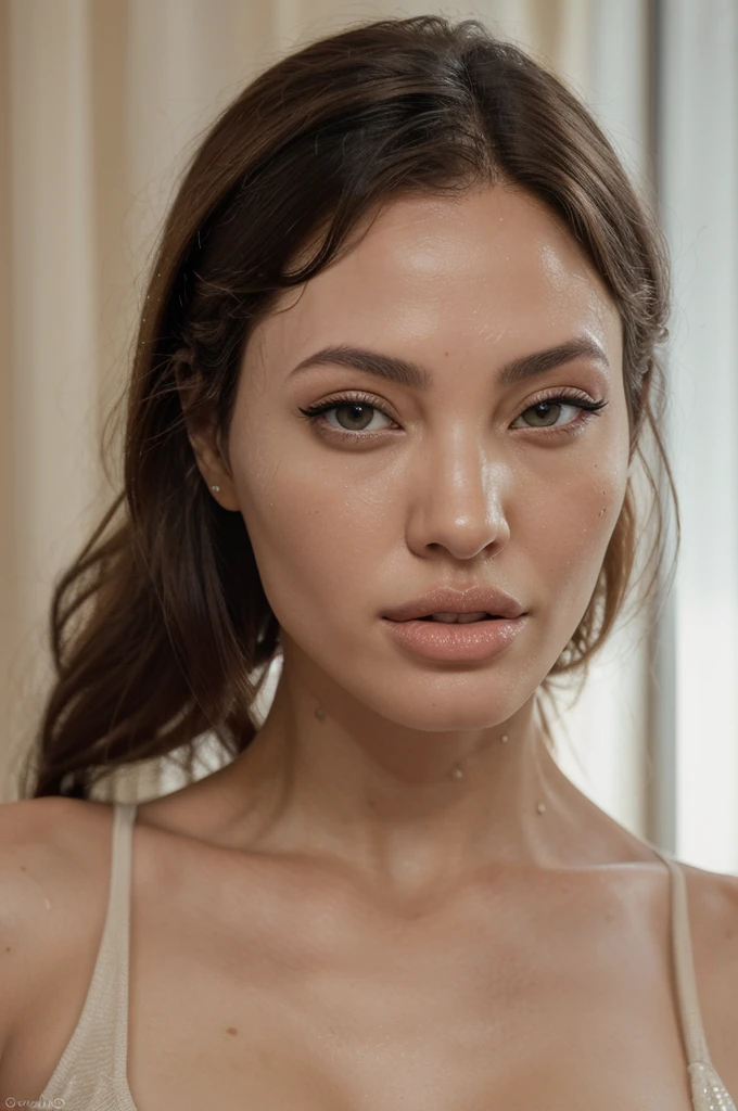 (lifelike, high quality: 1.3), best quality masterpiece, photorealistic, hyperrealistic, highres, high resolution, detailed, 8k, HDR, (Soft color: 1.2), shallow depth of field, broad light, high contrast, backlighting, bloom, good lighting quality, light sparkles, chromatic aberration, sharp focus, RAW color photo, fine skin, ((detailed facial features)), complex: 1.2, (finely detailed skin, realistic skin texture, extreme skin details, (pores:0.1), yellow-colored skin, full lips like Angelina Jolie, brown eyes like megan fox after her cosmetic surgery, straight slim nose, beautiful, 21 years old gorgeous woman, half Thai woman