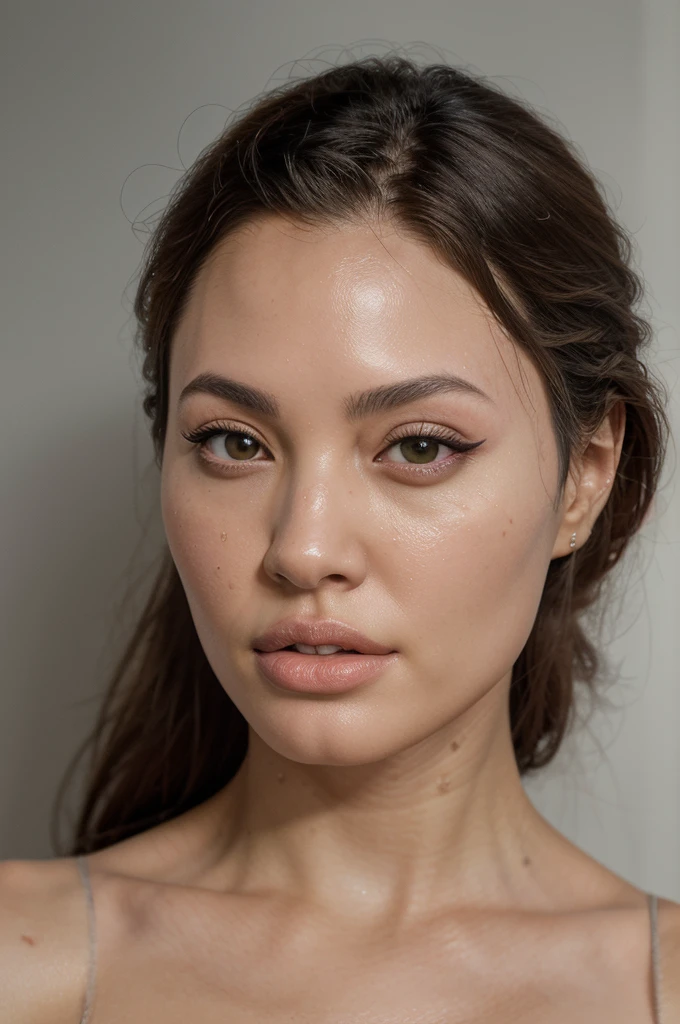 (lifelike, high quality: 1.3), best quality masterpiece, photorealistic, hyperrealistic, highres, high resolution, detailed, 8k, HDR, (Soft color: 1.2), shallow depth of field, broad light, high contrast, backlighting, bloom, good lighting quality, light sparkles, chromatic aberration, sharp focus, RAW color photo, fine skin, ((detailed facial features)), complex: 1.2, (finely detailed skin, realistic skin texture, extreme skin details, (pores:0.1), yellow-colored skin, full lips like Angelina Jolie, brown eyes like megan fox after her cosmetic surgery, straight slim nose, beautiful, 21 years old gorgeous woman, half Thai woman