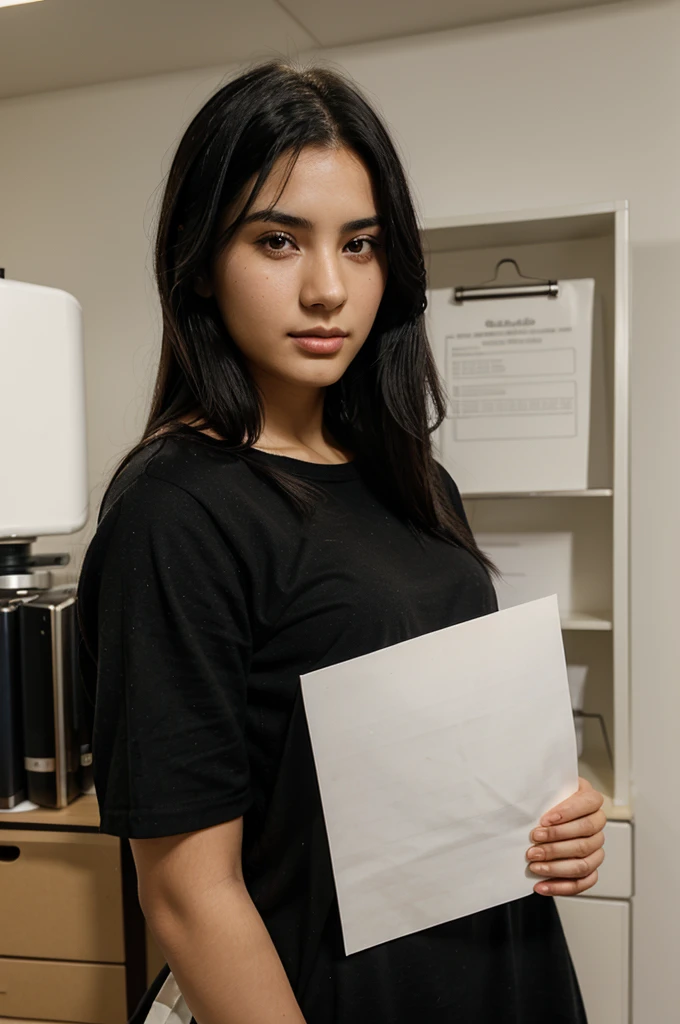 A beautiful woman with black hair and very fair skin, 20 years old, has a sheet of notebook paper in her hand that says, My king, looking towards the camera