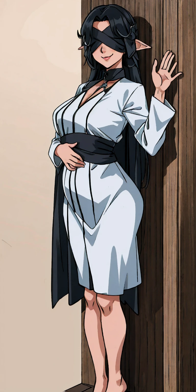 Appearance:
Race: Female Dark Elf
Skin: Dark
Eyes: Blindfolded
Expression: Smiling
Mouth: Closed
Body Type: Maternal
Chest: Large, covered with clothing
Pose:
Standing by a wooden pole, looking down at the viewer