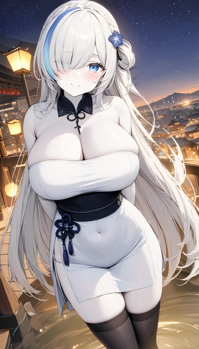 (masterpiece, high quality, high detail, 4k, rtx, high resolution:1.2),blue_streaked_hair,hair_over_one_eye, blue_eyes,very long hair,braid,white hair_ornament,white skin,black nail_polish,aged_down, solo,1girl, aerial_fireworks, architecture, aurora, bridge, building, city_lights, cityscape, cloud, constellation, crescent_moon, earth_(planet), east_asian_architecture, festival, fireflies, fireworks, flower, fountain, full_moon, galaxy, hair_ornament, horizon,(white dress, tubetop dress, china_dress, sexy pose:1.3), thighs, thighhighs,(strapless:1.2), (beautiful huge breasts:1.3),lantern, light_particles, looking_at_viewer, milky_way, moon, moonlight, night, night_sky, obi, onsen, outdoors, paper_lantern, planet, reflection, sash, shooting_star, sky, skyline, skyscraper, smile, snow, snowing, solo, space, sparkle, standing, star_(sky), star_(symbol), starry_background, starry_sky, starry_sky_print, summer_festival, sunrise, tanzaku, telescope, torii, tower, twilight,wading, water,arms behind back,finger polish
