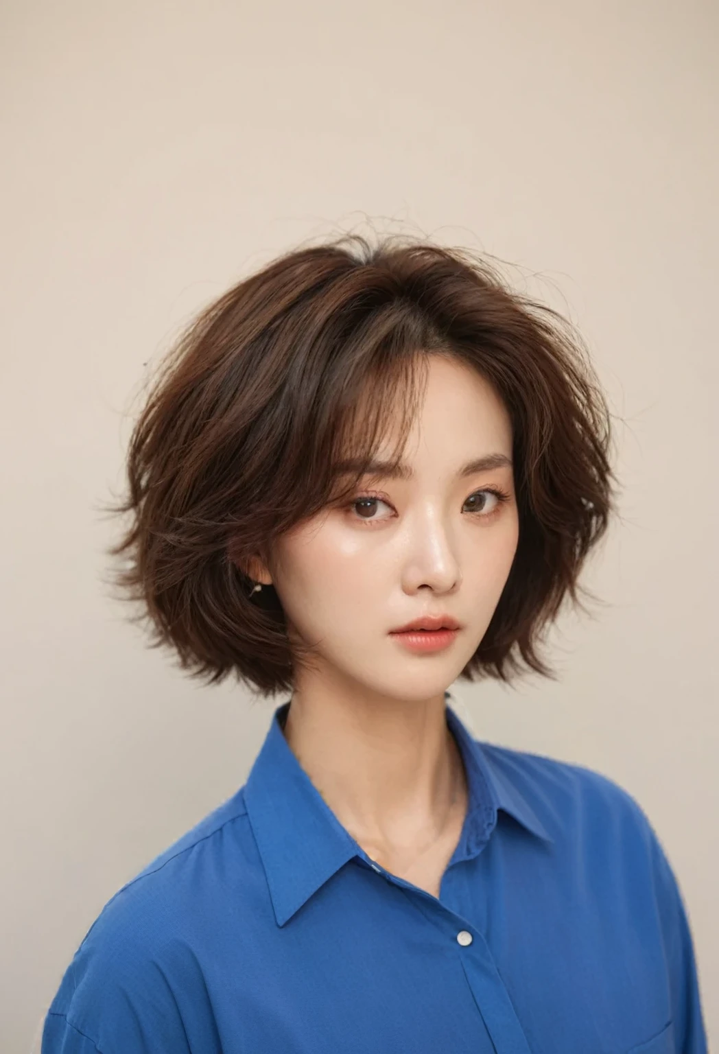 Best Quality, 8k, Masterpiece, (Portrait: 1.3), (photo realistic:1.4), (hyper realistic:1.4), Sharp Focus, looking at viewer, (smoother lighting:1.1), (increase cinematic lighting quality:0.9), realistic lighting, backlighting, light on face, ray trace, (brightening light:1.2), (Increase quality:1.4), sharp detail, (best quality real texture skin:1.4), finely detailed eyes, black_eyes, finely detailed face, 25 year old Korean woman, (white formal_shirt:1.4), (Create an image maintaining the original base model hairstyle:1.5)