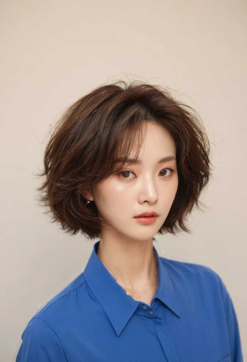 Best Quality, 8k, Masterpiece, (Portrait: 1.3), (photo realistic:1.4), (hyper realistic:1.4), Sharp Focus, looking at viewer, (smoother lighting:1.1), (increase cinematic lighting quality:0.9), realistic lighting, backlighting, light on face, ray trace, (brightening light:1.2), (Increase quality:1.4), sharp detail, (best quality real texture skin:1.4), finely detailed eyes, black_eyes, finely detailed face, 25 year old Korean woman, (white formal_shirt:1.4), (Create an image maintaining the original base model hairstyle:1.5)