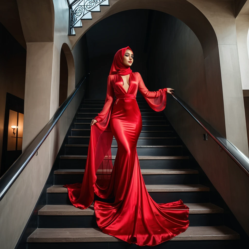 a woman in the translucent red silk gown, tight full body tied, nipple on, full body,wear modern hijab, double long satin dress train, mermaid tight long gown, flowy dramatic long gown, tall women, walk downstair, strugle to walk, wear high heels, masterpice