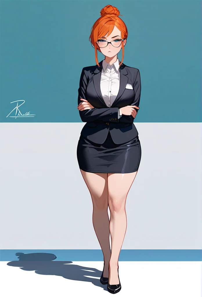 pale adult woman, large breasts, very thick thighs, wide hips, short ginger hair in a sleek hairbun, glasses, tight black blazer, tight black pencil skirt, thick thighs pressed together, wearing small black high heels, bored expression, strict teacher, facing forward, she is standing, legs and feet in the photo, crossing arms under her chest, detailed face, raised eyebrow, half-lidded eyes