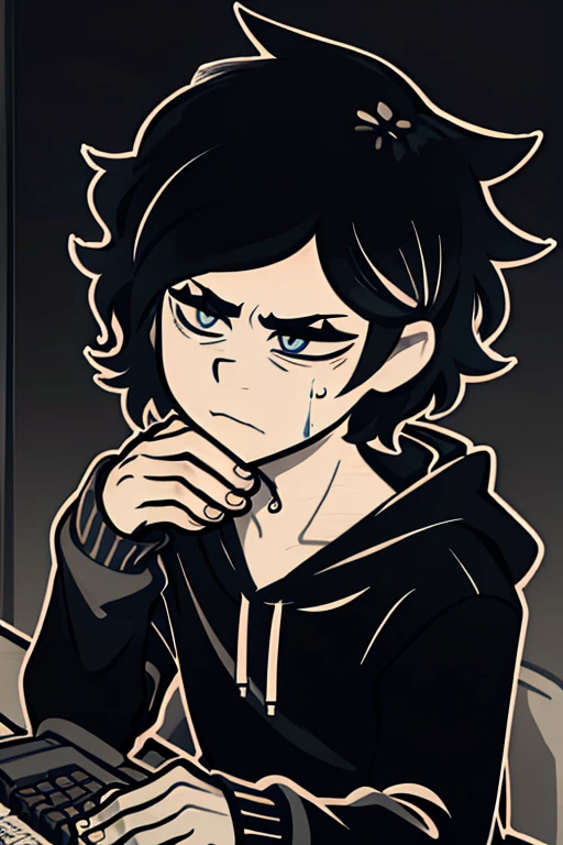 leyleyxl, white outline, bold outline, dark background, monochrome, brown paper, TCOAAL, black messy hair, blue eyes, grey hoodie, boy, blood on face, serious, relaxed, andrew graves, male, (masterpiece:1.2), (best quality:1.2), (very aesthetic:1.2), (absurdres:1.2), (detailed background),newest, intricate details, typing on phone