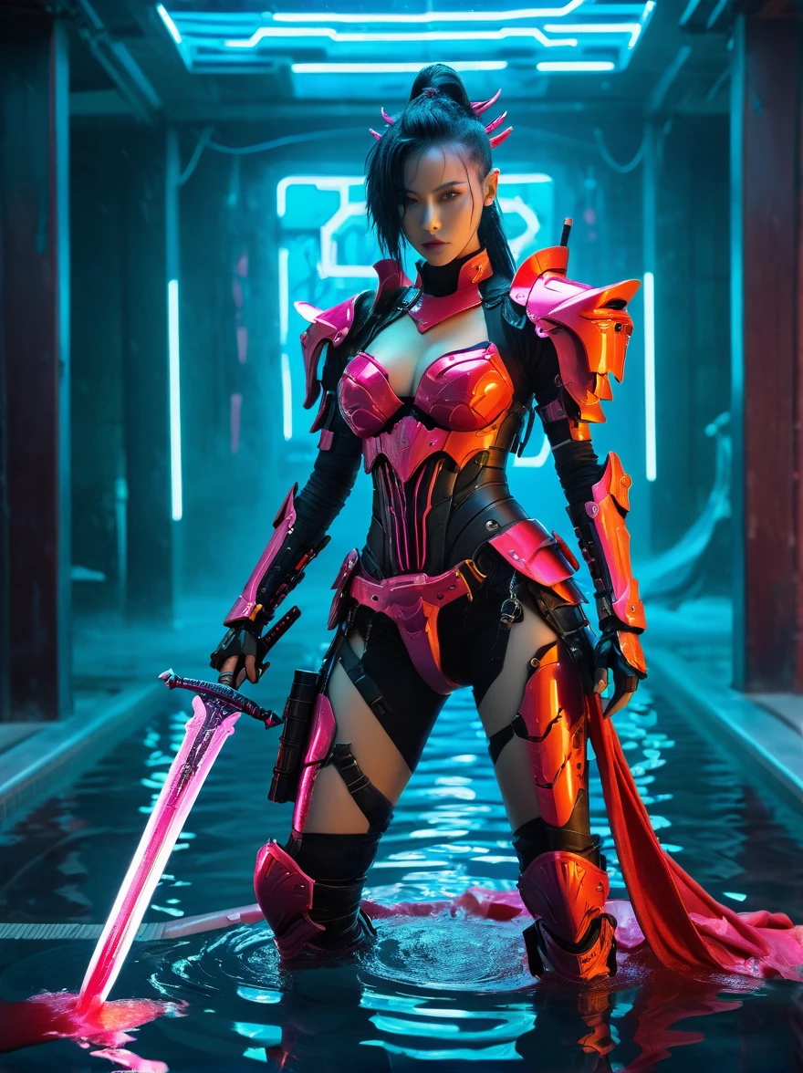 Cyberpunk helllady warrior in full body neon mecha armor，female swordsman Holding a sword in a pool of blood，solo，1sword，Luminescence&#39;s light eyes，Devil&#39;s Wings，Wide-angle lens，biology，weird，Creepy，nightmarish，Very bright neon colors，Light Particles，Luminescence，Best Photo of the Year Winner，the world on fire，Post-apocalyptic hellscape，Military photography，Epic Photo of the Yeare on the horizon，Epic movie shots，Pure form，Intricate details，8k，Post-production，high resolution，Super Detail，anatomical correct:2