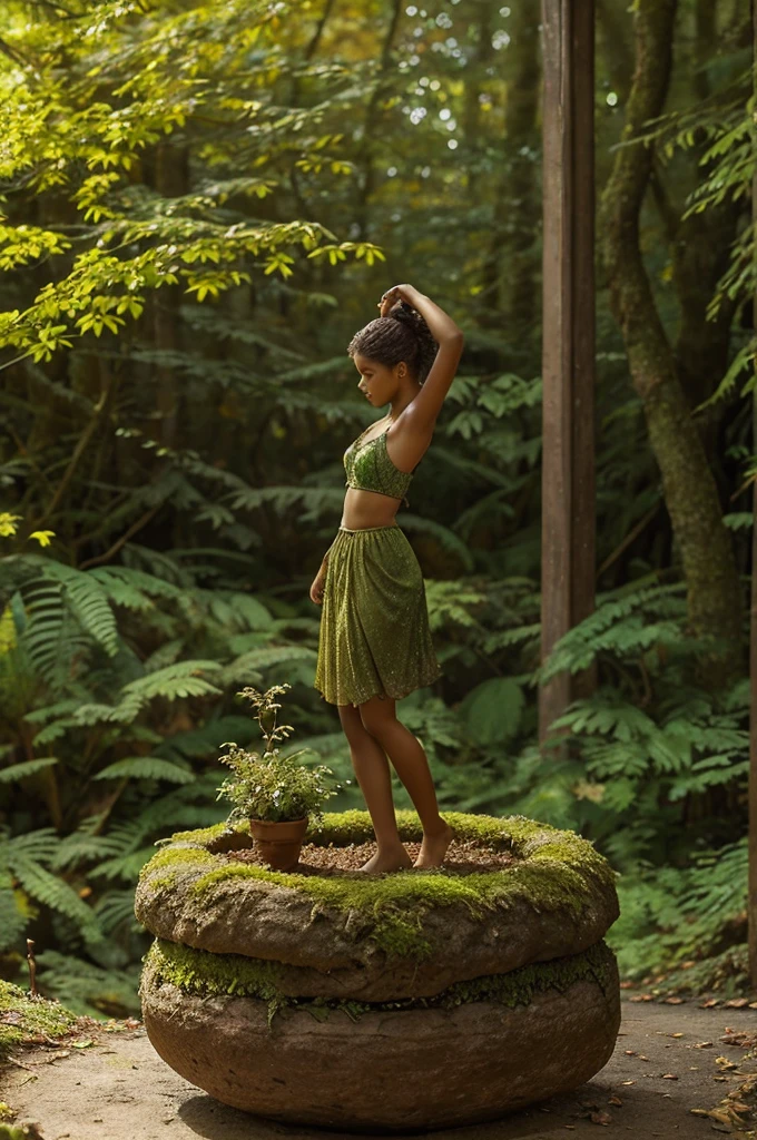 A whimsical miniature figure composed of delicately arranged autumn leaves boised in a carefree dance on the rim of a weathered, moss-covered terracotta pot, set against a lush, vibrant forest backdrop, where dappled sunlight filters through the canopy above, casting intricate shadows. The overall aesthetic is ethereal, with warm, earthy tones of sienna, umber, and olive green, infused with hints of emerald and golden light, evoking a sense of wonder and enchantment, as if plucked from a fantastical realm.