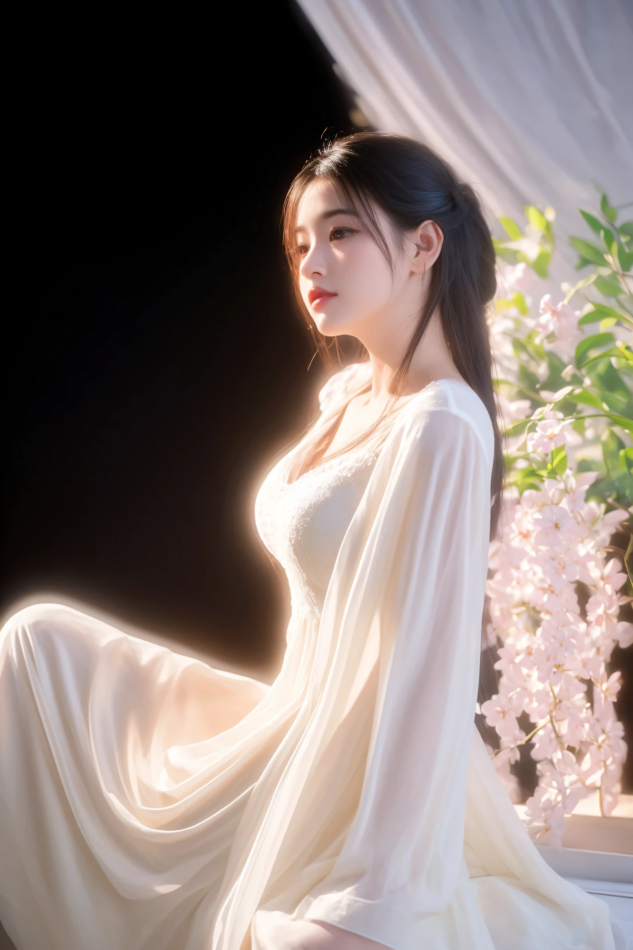 arafed woman in a white dress sitting on a window sill, soft ethereal lighting, ethereal beauty, [ 4 k digital art ]!!, 8k artgerm bokeh, trending on cgstation, ethereal glow, artwork in the style of guweiz, inspired by Huang Ji, 8 k sensual lighting, in the art style of bowater, with ethereal light