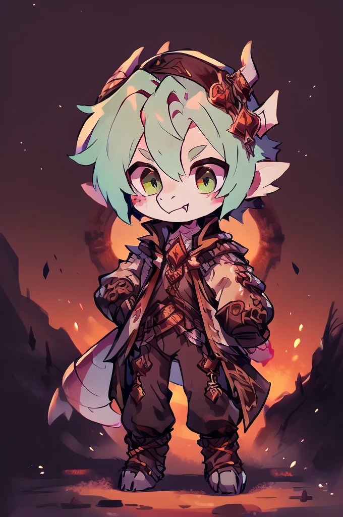 (((kobold,male, solo, winged kobold boy, dark red scales,fantasy clothes, artficer,steampunk, dragon wings, dragon tail, small, chibi))), artficer clothes, warm color clothes, fantay clothes,sea green eyes, artficer,small heigth, 54 centimertes heigth,horns, claws, tail, scales, fangs, masterpiece, cute, (((fullbody))), male
