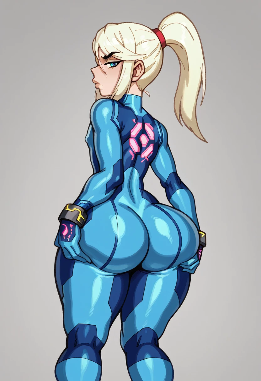 (masterpiece, best quality:1.3),Rizdraws, Thin Lineart, Soft Lineart, 1male, solo, Samus Aran from Metroid, femboy, famine male, zero suit, looking at viewer, flat chest, wide hips, big butt, bottom heavy, wide ass, from behind, knees buckle, wide hips, hands on ass, tired look