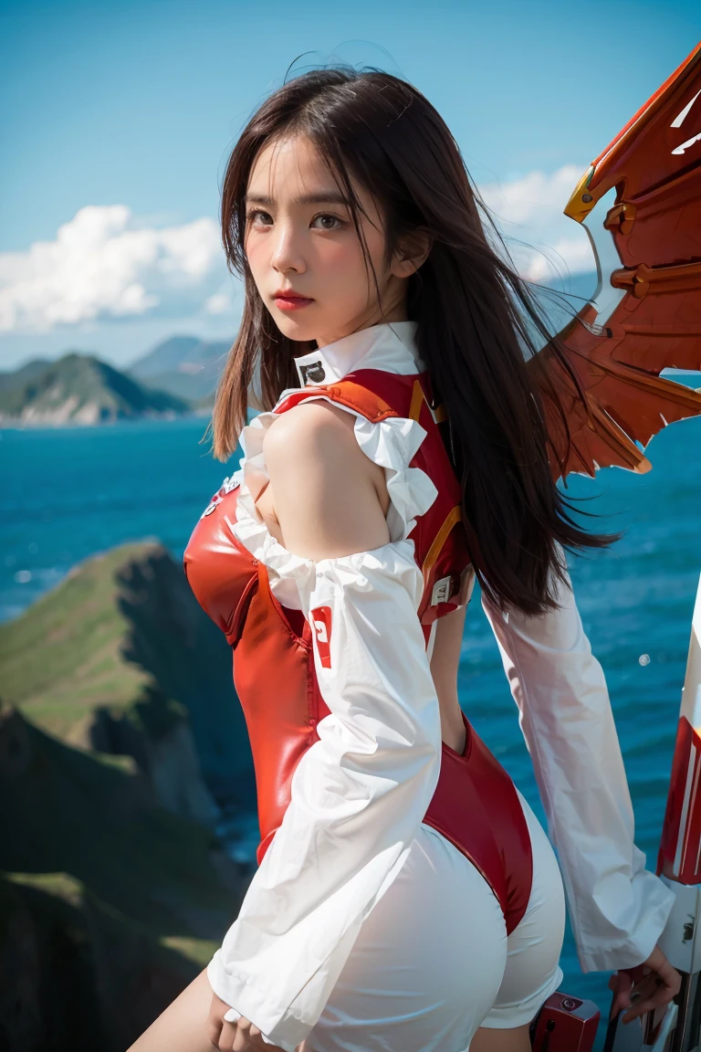 1girl, Absurd resolution, high resolution, (masterpiece: 1.4), hyper-detail, a mech, red armor with red wings, floating flight in the sky (1.8) background is wild, fire, full bodysuit, 