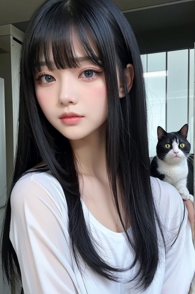 Long Black Hair、Red eyes、Cat Eyeature、With bangs、Fair skin、Black clothes