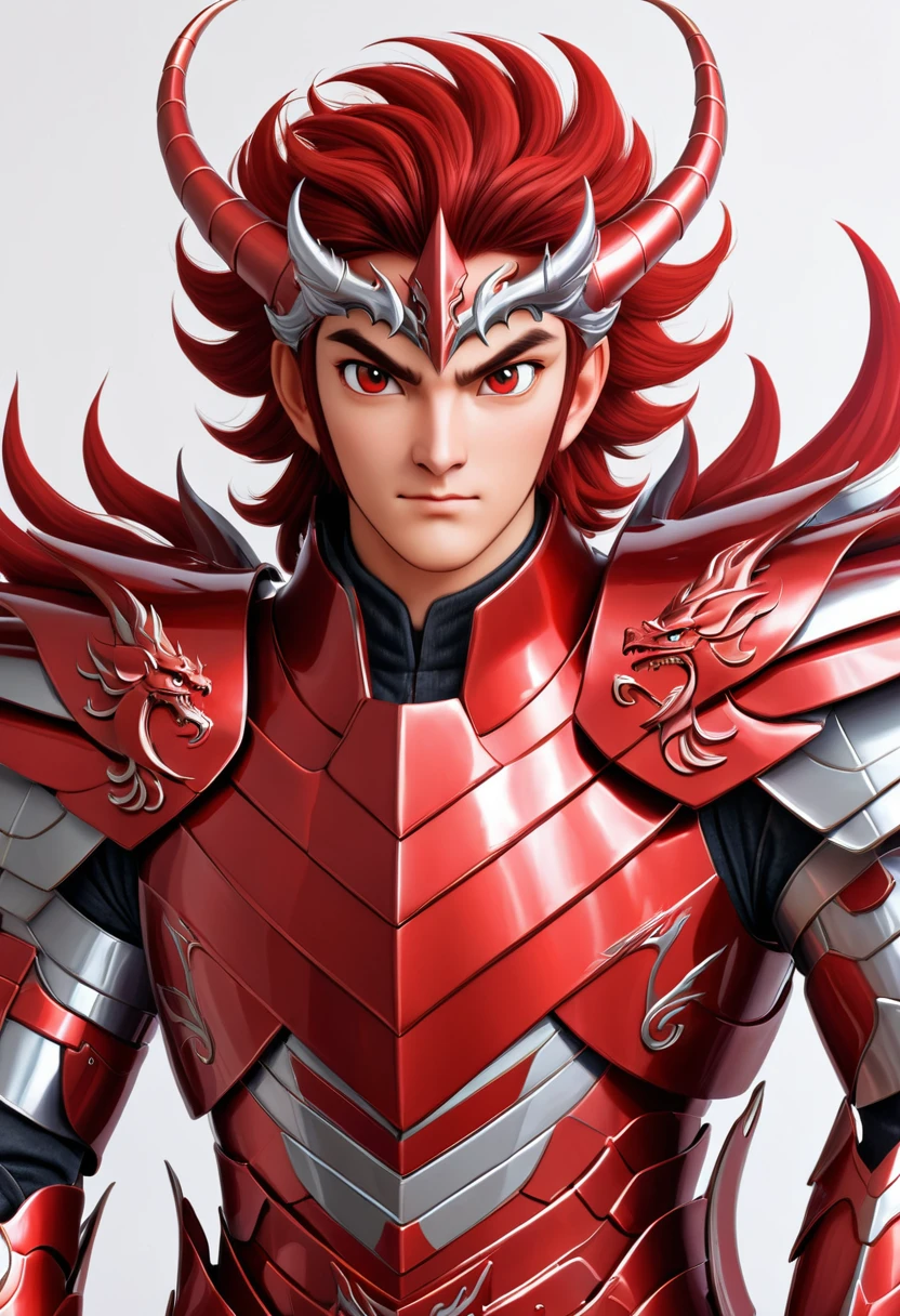 Man in red metallic armor, Cel animation style, The armor is decorated with dragon heads., Super beautiful image quality, Professional painter, Highest quality