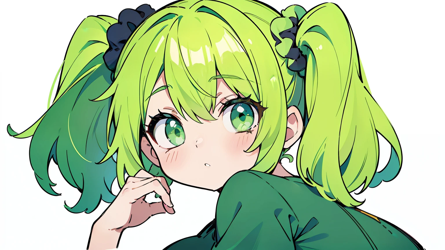 masterpiece, beautiful detailed, 1girl, (Oversized T-shirt), green theme, green Eyes, green hair, one side up, medium breasts, hair scrunchie, overhead shot, ((no background:1.4)), ,(((bold outline))), limited palette