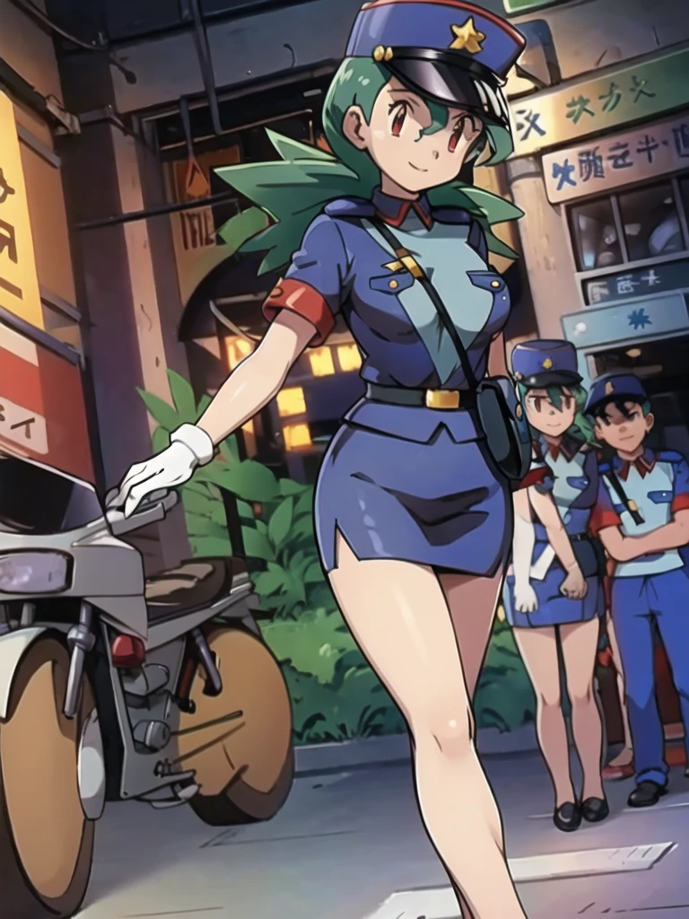 masterpiece, best quality, ultra-detailed, officer jenny, pokemon, 1girl, solo, long hair, smile, red eyes, green hair, white gloves, police hat, miniskirt, bag, star (symbol), uniform, blue skirt, blue shirt, pencil skirt, brown pantyhose, police uniform, realistic, city background volumetric lighting, intricate details, tonemapping, sharp focus, hyper detailed