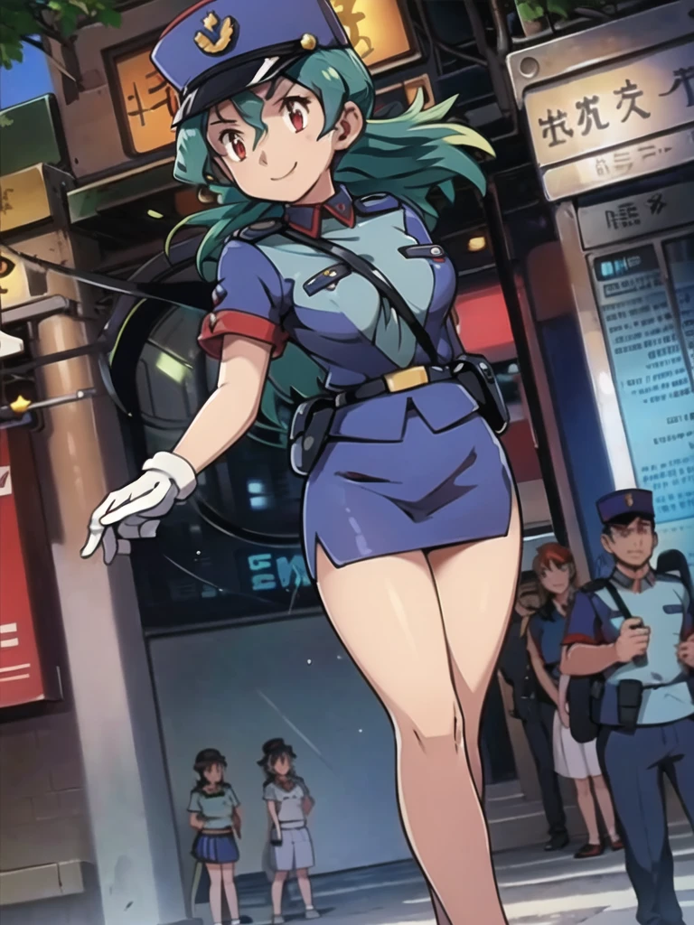 masterpiece, best quality, ultra-detailed, officer jenny, pokemon, 1girl, solo, long hair, smile, red eyes, green hair, white gloves, police hat, miniskirt, bag, star (symbol), uniform, blue skirt, blue shirt, pencil skirt, brown pantyhose, police uniform, realistic, city background volumetric lighting, intricate details, tonemapping, sharp focus, hyper detailed