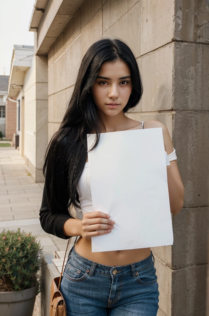 A beautiful woman with black hair and very fair skin, 20 years old, holds a sheet of notebook paper in her hand, looking towards the camera