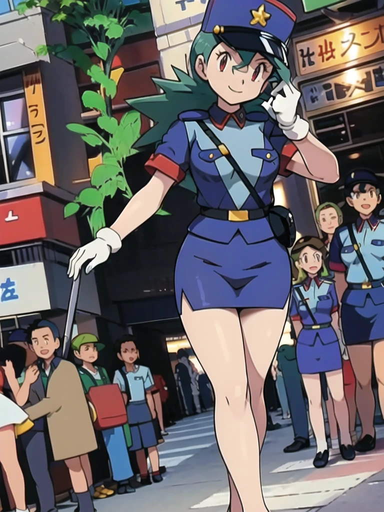 masterpiece, best quality, ultra-detailed, officer jenny, pokemon, 1girl, solo, long hair, smile, red eyes, green hair, white gloves, police hat, miniskirt, bag, star (symbol), uniform, blue skirt, blue shirt, pencil skirt, brown pantyhose, police uniform, realistic, city background volumetric lighting, intricate details, tonemapping, sharp focus, hyper detailed