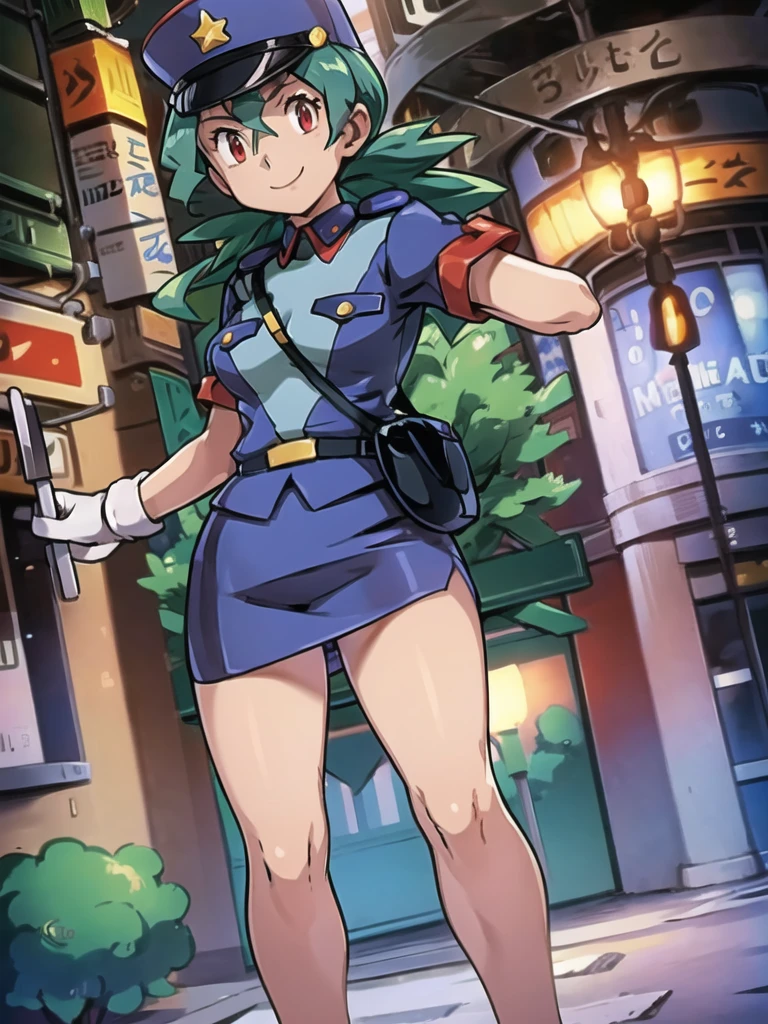 masterpiece, best quality, ultra-detailed, officer jenny, pokemon, 1girl, solo, long hair, smile, red eyes, green hair, white gloves, police hat, miniskirt, bag, star (symbol), uniform, blue skirt, blue shirt, pencil skirt, brown pantyhose, police uniform, realistic, city background volumetric lighting, intricate details, tonemapping, sharp focus, hyper detailed