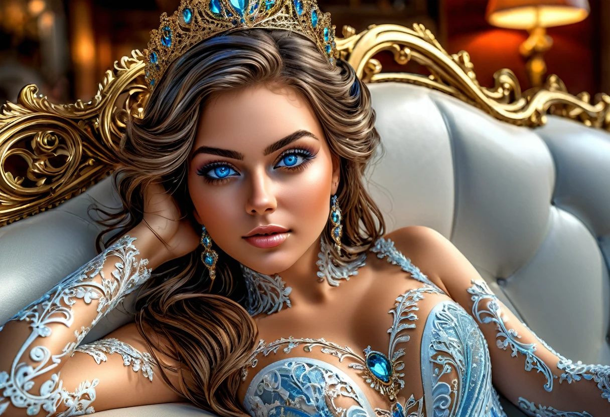 année 2100, La femme du futur alangui sur un sofa complexe, plan large, corps entier, souriante et radieuse, bustier étroit incrusté de fines dentelles techniques complexe fractal, bustier effet push-up, complexe, élégante et sensuelle, yeux sublime et intenses, yeux très détaillés, très détaillé, majestueuse, digital photography, (cheveux très long), verre brisé, (chef-d'oeuvre artistique, Éclairage latéral, HDR, Réaliste, HD), sublime grosse poitrine push-up,
