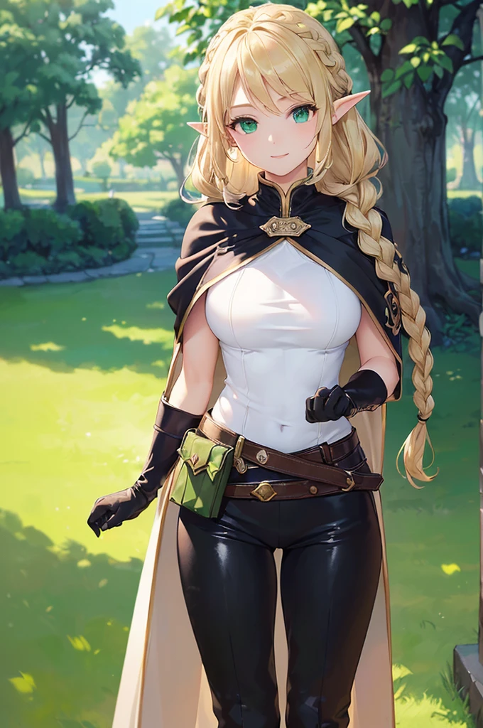 (((masterpiece; best quality: 1.2))), (finely detailed eyes: 1.3), (25 year old elf woman), (solo), (green eyes: 1.4), (body; buxom, fit, femenine: 1.3), (silky blonde hair in braid: 1.3), (beautiful and clear background: 1.2), ((depth of field)), (equipment: adventurer attire + modest + long white tunic + black cape + black pants + gloves + belt + pouches: 1.3), (anime illustration: 1.2), (background composition; royal garden: 1.1), (extremely fine and beautiful: 1.1), (shot composition; standing + centered on torso + close-up: 1.5), (expression; calm, smile: 1.2)