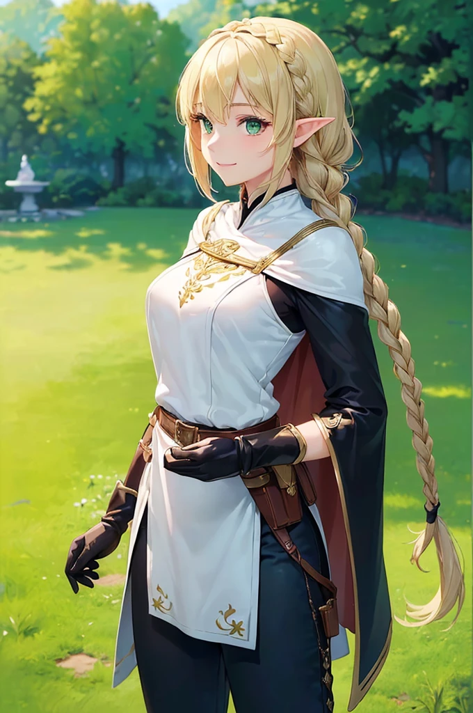 (((masterpiece; best quality: 1.2))), (finely detailed eyes: 1.3), (25 year old elf woman), (solo), (green eyes: 1.4), (body; buxom, fit, femenine: 1.3), (silky blonde hair in braid: 1.3), (beautiful and clear background: 1.2), ((depth of field)), (equipment: adventurer attire + modest + long white tunic + black cape + black pants + gloves + belt + pouches: 1.3), (anime illustration: 1.2), (background composition; royal garden: 1.1), (extremely fine and beautiful: 1.1), (shot composition; standing + centered on torso + close-up: 1.5), (expression; calm, smile: 1.2)