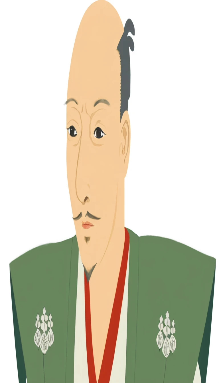 Illustration of a bald man wearing a green jacket, Japanese historical figures、Oda Nobunaga, inspired by Kanō Masanobu, inspired by Kanō Sanraku, Works inspired by Toshusai Sharaku, Inspired by Takanobu Kano, or period,