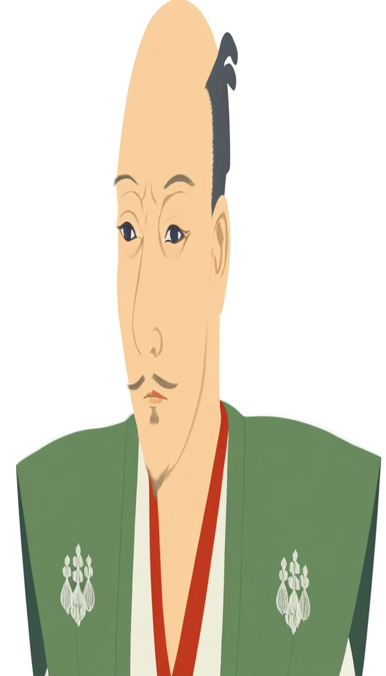 Illustration of a bald man wearing a green jacket, Japanese historical figures、Oda Nobunaga, inspired by Kanō Masanobu, inspired by Kanō Sanraku, Works inspired by Toshusai Sharaku, Inspired by Takanobu Kano, or period,