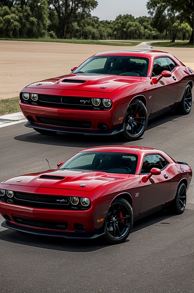 Hello Kitty enfrente de un Dodge Challenger.