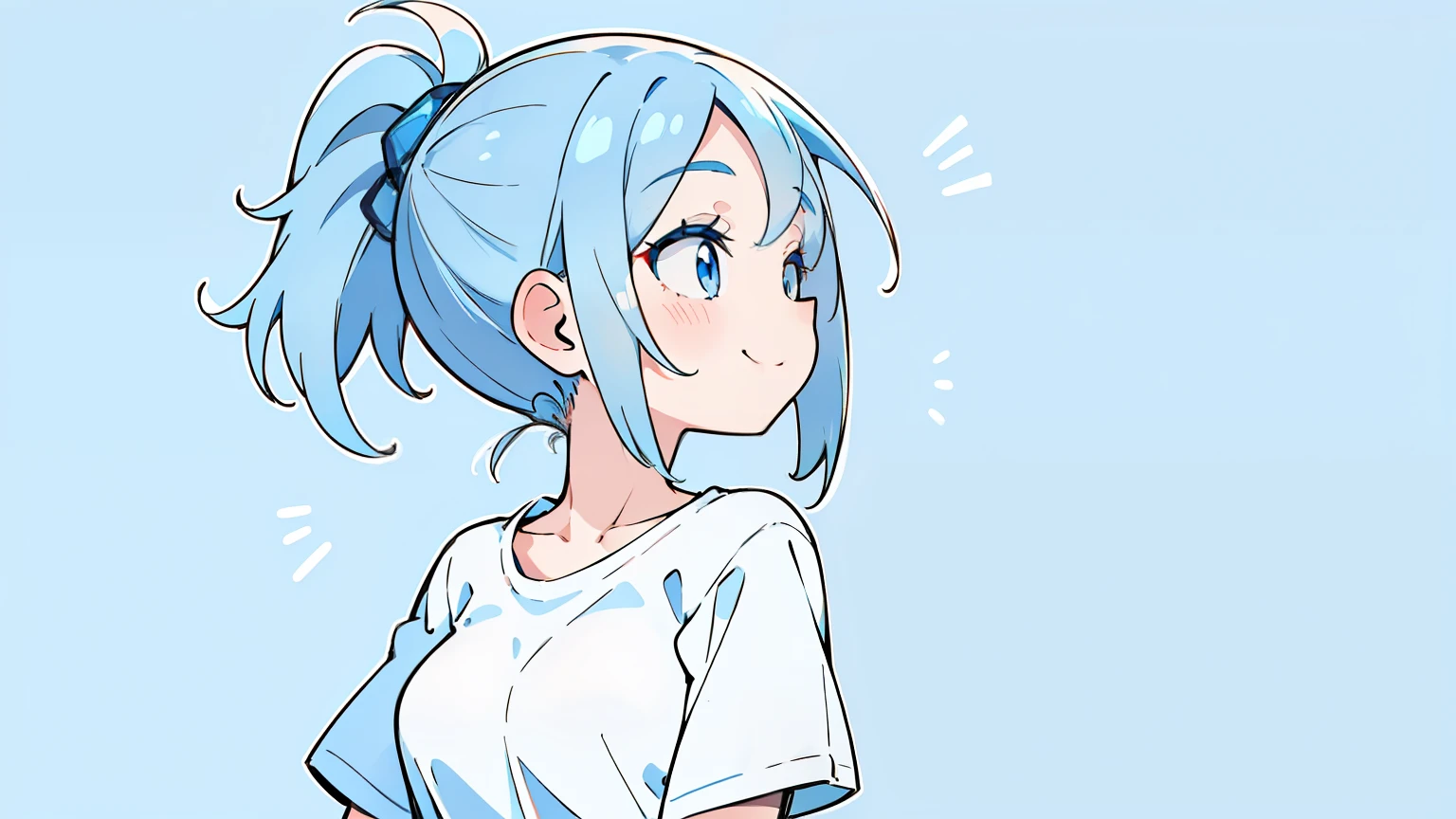 masterpiece, beautiful detailed, 1girl, (Oversized plain T-shirt), baby blue Eyes, baby blue hair, ponytail, Happy Smile, medium breasts, hair intakes, blue theme, profile, (((bold outline))), limited palette