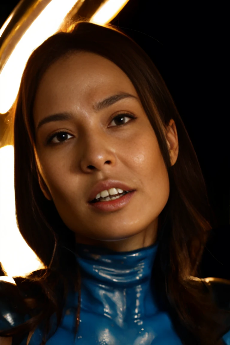 (8k, Ultra-high resolution, Top quality masterpiece, Professional detailed wallpapers, Ultimate attention to detail, Anime Images, Game CG),Perfect human body、Realistic and detailed,Nose and mouth are visible,Eyes are hidden by a mask,(((Dripping sweat、Oilskin,Glowing Skin、Realistic skin texture、Beautiful skin in every detail、Glowing Skin、Glowing Skin)))    big , burst, There is cleavage in the chest, Huge breasts , Very perfect anatomy body parts, Very perfect,(Full Shot: 1.8),Beautiful Alien Woman、　　Black latex oil sheen full bodysuit、　Alien Tentacle Tail,Inside the spaceship,cockpit,((Beautiful Caucasian alien face closeup))Angelina Jolie,