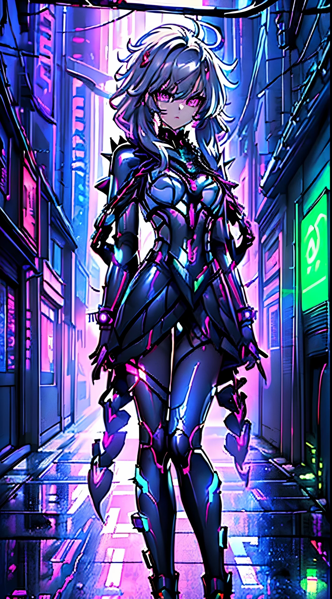 top-quality、Top image quality、​masterpiece、Android Girl((sixteen years old 、Broken, skinny , cybersuit glowing black, red and white、neon  energy source for the chest 、Light blue shiny hair、Long hair , spiky hair, messy hair, long fringe on hair, holding a chain whip, chains around her body, giant chains, Cyber Skirt、purple neon eyes 、Valley、Happiness、A slender)）hiquality、Beautiful Art、Background streets (cyberpunk city、masutepiece、Elaborate design、visualart、Theatrical films, glowing neon eyes, cyberpunk, futuristic, white silver hair, no pupils on eyes