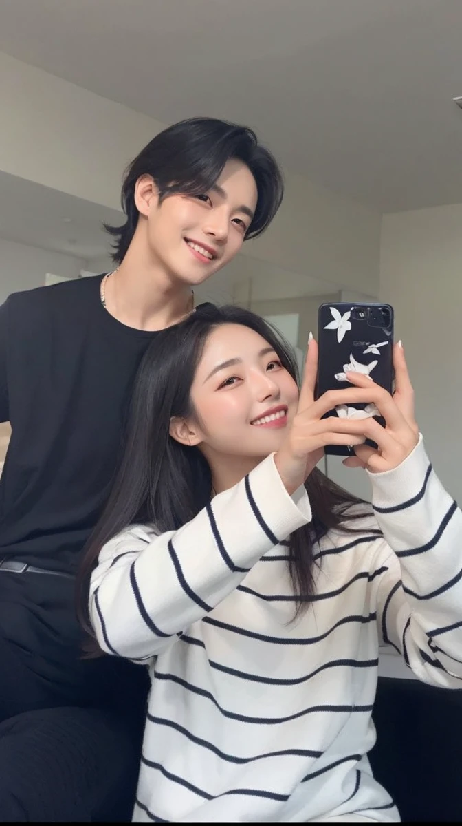Modern. Korean style. Elegant couple, handsome boy and beautiful girl. Dark hair color. Very deatiled face. pretty eyes (perfect eyes). 8K resolution. Masterpiece. Romantic, love, glowing light. Petals. Smile, Korean Style, staring at each other
