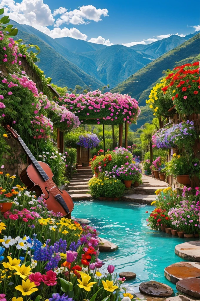 landscape , cheered up , Colombian with animals , colors, flowers and musical instruments.