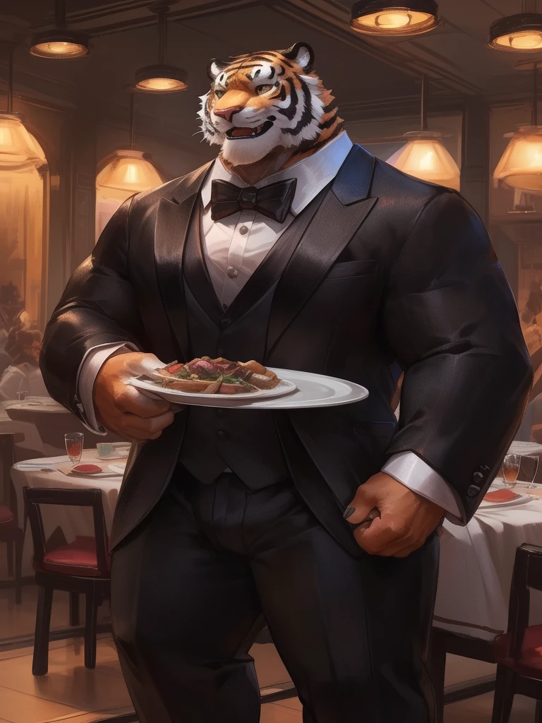 lindong, lucusols, furry tiger wearing ((tuxedo:1.2)), waiters, restaurant, happy, elegant , thicc, lowres, danbooru and artstation, heavy detailed, insanely inflated hips, proportionally arms, commission for high res, detailed but rough, semirealistic:1.3